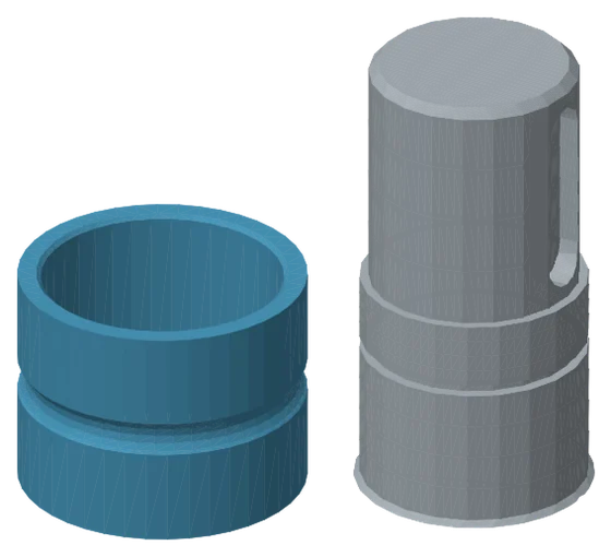 Render of two unassembled parts side by side on an empty ground: a blue open sleeve with a smooth bore on the left, a grey stepped cylinder on the right.