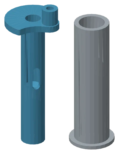 Render of two unassembled parts side by side on an empty ground: a blue pin with a flat lobed head on the left, a grey hollow tube standing on a flange on the right.