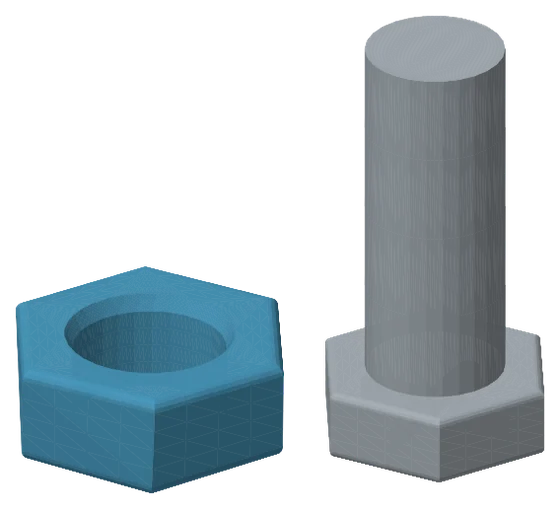 Render of two unassembled parts side by side on an empty ground: a blue hexagonal nut with a round hole on the left, a grey cylindrical post standing on a hexagonal flange on the right.