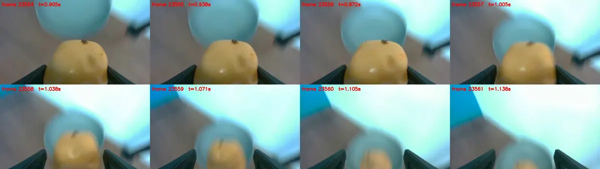 A four by two grid of eight wrist-camera frames, read left to right then top to bottom: a pale potato held in the dark gripper jaws under a teal fitting, then the jaws opening and the potato falling out of the frame. Each frame carries a red label giving its frame number and a time from 0.905 to 1.138 seconds.